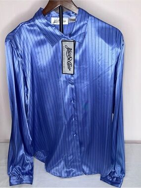 Yves St. Clair Blue Pinstripe Satin Button-Down Blouse